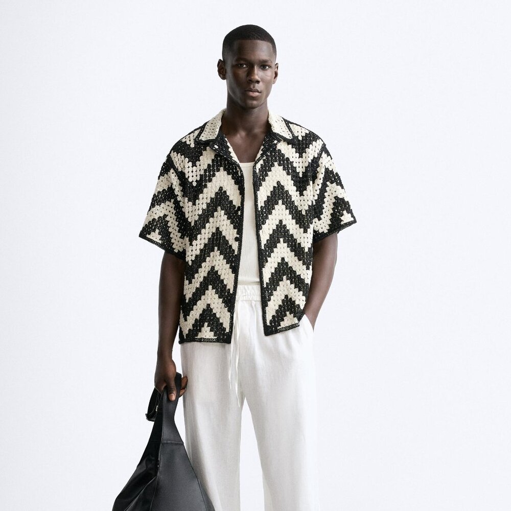 NWT ZARA MAN Contrast Crochet Shirt Size L Fits M Black/Ecru REF. 7200/449